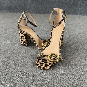 Coach Sandals Womens 5 Brown Calf Hair Leopard Block Heel Ankle Strap Logo